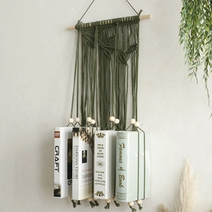 Bohemian olive green hand-woven tapestry wall hanging shelf with wooden beads and rods
