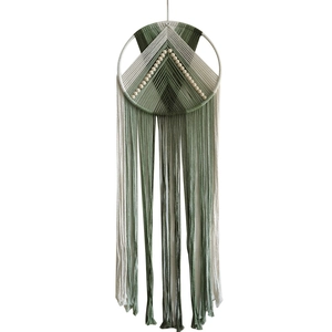 Handmade boho macrame wall hanging with wooden beads and green cotton tassels