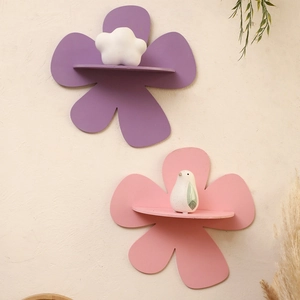 Bohemian flower shaped wooden wall shelves in pink and purple colors for home decor