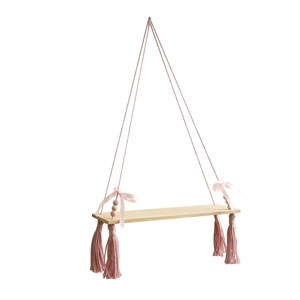 Boho wood floating shelf with pink tassels and beads for wall hanging nursery decor