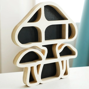 Detail of mushroom wood shelf showing multilayered texture and dark storage slots