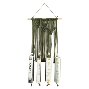 Handmade army green macrame wall bookshelf with wooden beads for Bohemian home decor
