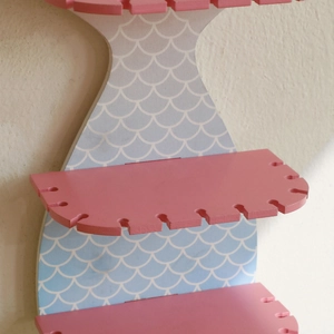 Mermaid tail wooden crystal wall shelf with jewelry slots in pink and blue ocean style