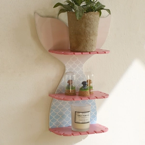 Three-tier pink mermaid tail wall shelf with blue fish scale patterns for home decor