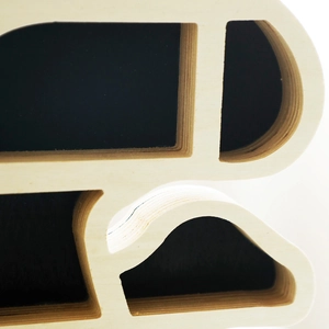 Detailed macro view showing the layered wood texture and black interior coating of the shelf