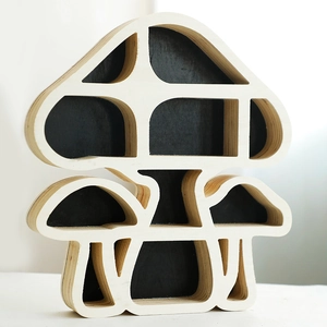 Mushroom shaped wooden wall shelf for crystal stone storage with multiple black compartments