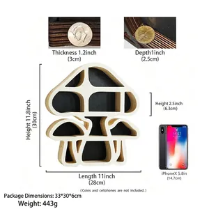 Detailed dimension guide for mushroom wooden shelf showing height and thickness measurements