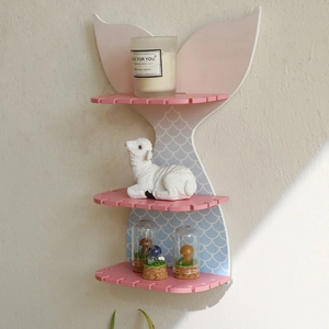 Three-tier wooden mermaid tail wall shelf with blue and pink gradient fish scale pattern