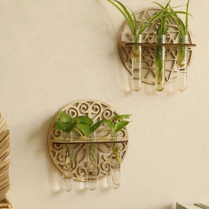 Circular Wooden Wall Hanging Hydroponic Planter Laser Cut Geometric Floral Wood Support With Glass Test Tube Wall Decor