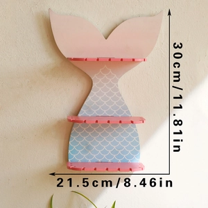 Detailed dimensions of mermaid tail shelf in pink and blue gradient wood texture