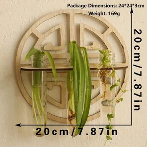 Detail of bohemian round wooden hanging planter featuring three clear glass test tubes
