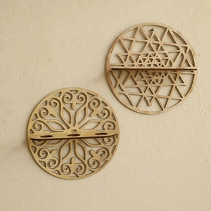 Modern circular wooden wall shelf with geometric mandala and triangle laser-cut patterns