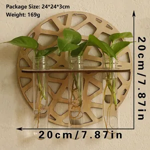Detail view of round hollow wooden plant rack with dimensions of 20cm and 3 test tubes
