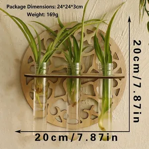 Detail of wall-mounted wooden plant rack with three glass test tubes for hydroponics