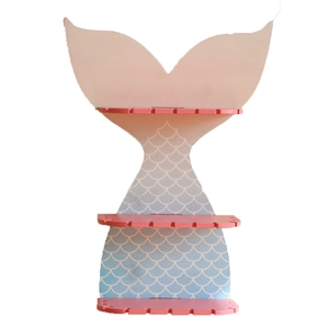 Three-tier mermaid tail wooden wall shelf with blue scales and pink shelves for room decor