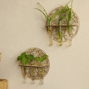 Detail of wooden wall-mounted hydroponic planters with glass test tubes and geometric carvings