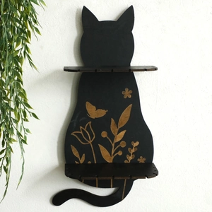 Gothic black wooden cat-shaped double-tier wall shelf with butterfly carvings