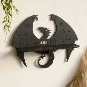 Gothic dragon wooden floating shelf with celestial moon phases and star cutouts