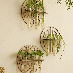 Bohemian round wooden hanging shelf with glass test tube vases for wall plant decor