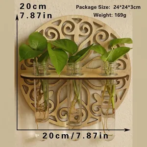 Detailed view of bohemian wall mounted wooden propagation station with three glass tubes