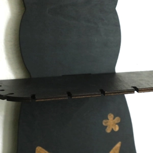 Gothic black wooden cat-shaped double-layer wall crystal display shelf with laser-cut floral details