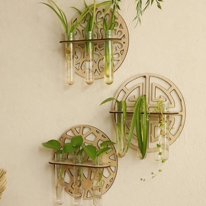 Bohemian round wooden wall shelf with glass test tubes for hydroponic plant decoration