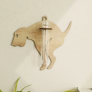 Funny dog shaped wooden wall mounted glass test tube vase for hydroponic plant decor