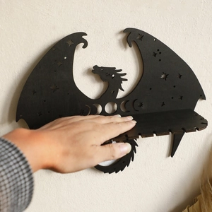 Gothic black dragon wooden wall shelf with moon phase stars for crystal home decor