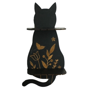 Gothic black cat wooden tiered floating shelf with elegant gold butterfly and floral patterns