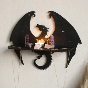 Gothic black dragon wooden wall shelf with moon phase cutouts for crystals and jewelry