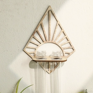 Detail of wall-mounted fan-shaped wooden plant holder with two glass hydro vessels
