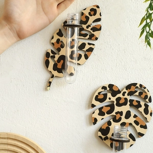 Leopard print leaf wooden wall planters set with glass tubes for hydroponic plants display