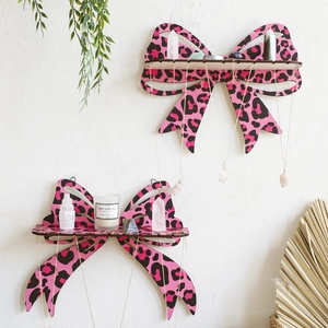 Pink leopard print bow shelf for wall decor, boho wooden rack for jewelry and crystals