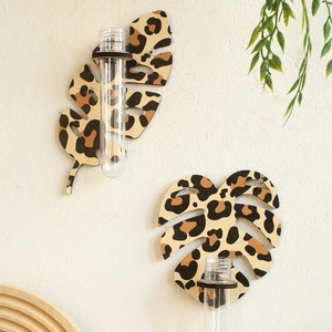 Set of two leopard print monstera leaf wood wall planters for hydroponic plants