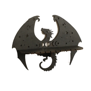 Gothic dragon wooden floating shelf with celestial moon phase cutouts and star wings