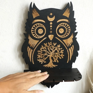 Bohemian owl-shaped wall crystal shelf with Tree of Life engraving and moon patterns