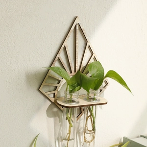 Wall-mounted wood planter with double glass test tubes for hydroponic plant decoration