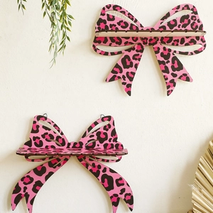 Boho pink leopard bow-shaped wooden wall shelves for home and bedroom decor