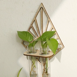 Wall-mounted fan-shaped wooden plant propagator with double glass test tube vases