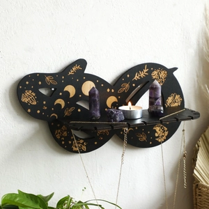 Étagère Murale Bohème en Bois Phases de Lune Forme de Serpent Infini Présentoir à Cristaux Organisateur de Bijoux Décoration