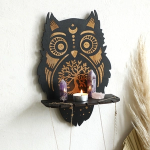 Bohemian owl-shaped wooden crystal shelf with moon and tree of life engravings for wall decor