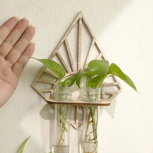 Wall-mounted fan-shaped wooden plant hydroponic vase with dual glass test tube holders