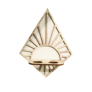 Wall-mounted fan-shaped wooden plant holder with decorative sunburst hollow pattern