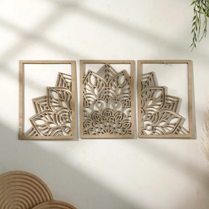Wooden Mandala Leaf Wall Art Decor Hollow Laser Cut Geometric Wood Wall Hanging Art Set For Bedroom Living Room Home Decoration