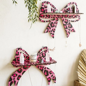 Bohemian Wooden Leopard Print Bow Floating Shelves Wall Mounted Jewelry Organizer Display Shelf For Bedroom Decor