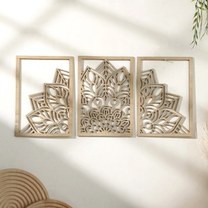 Detailed close-up of a three-piece wooden mandala leaf wall art set for home decor