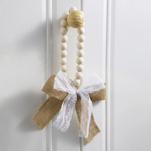 Rustic wood bead garland with burlap lace bow decoration for farmhouse wall hanging decor