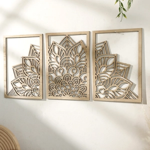 Three-piece laser cut wooden mandala wall art set with natural wood finish and leaf pattern