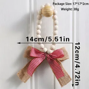 Detailed close-up of a rustic wood bead wreath with a red checkered burlap bow tie