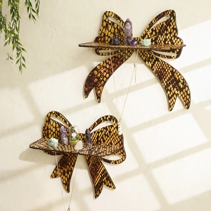 Wooden butterfly crystal wall shelf set with yellow snake skin texture decor